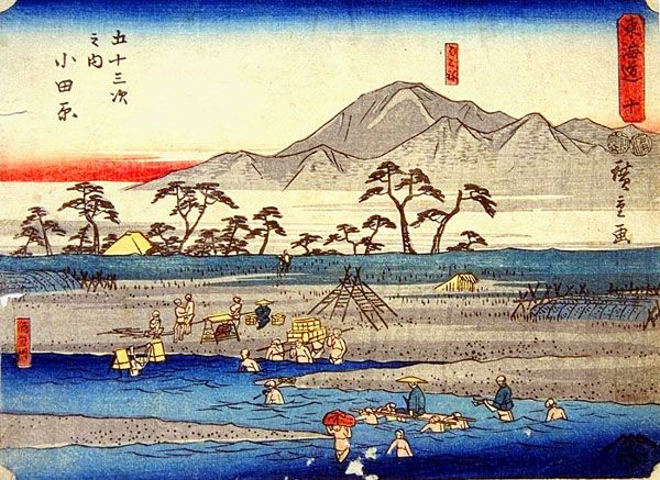 浮世絵・歌川広重の江戸時代の酒匂川（鞠子川）